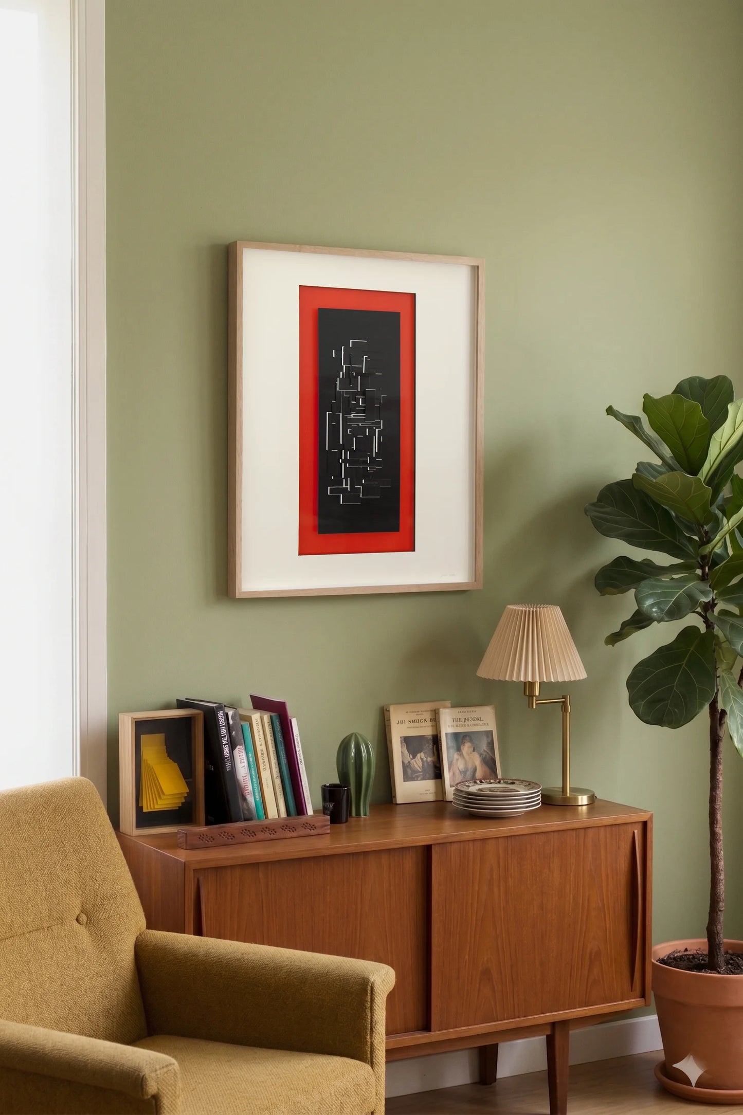 Original abstract mixed media artwork NS10 by Jesús Perea hunging on a living room wall