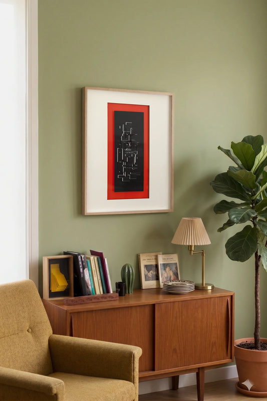 Original abstract mixed media artwork NS10 by Jesús Perea hunging on a living room wall