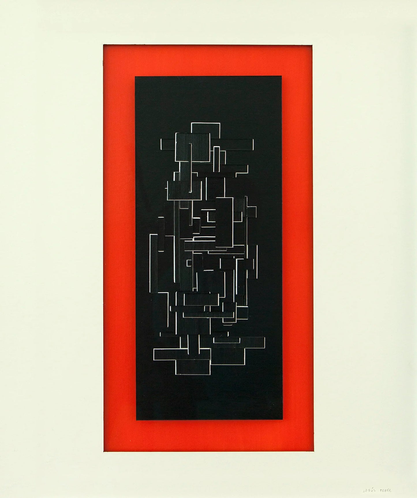 Original abstract mixed media artwork NS10 by Jesús Perea featuring a layered composition with white lines on black, orange and light beige backgrounds