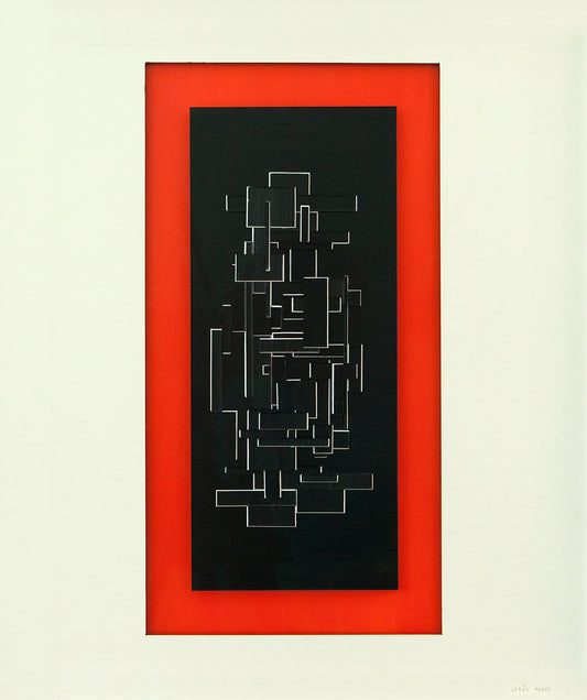 Original abstract mixed media artwork NS10 by Jesús Perea featuring a layered composition with white lines on black, orange and light beige backgrounds