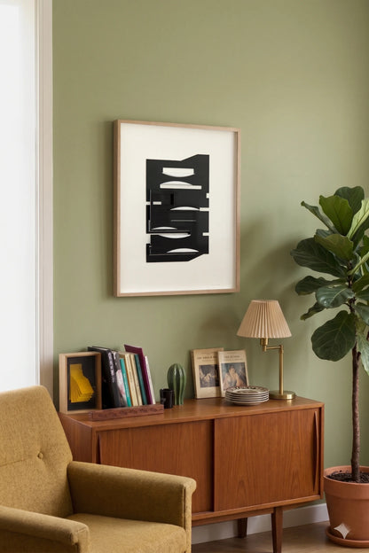 Original abstract mixed media artwork NS14 by Jesús Perea hunging on a living room walle background