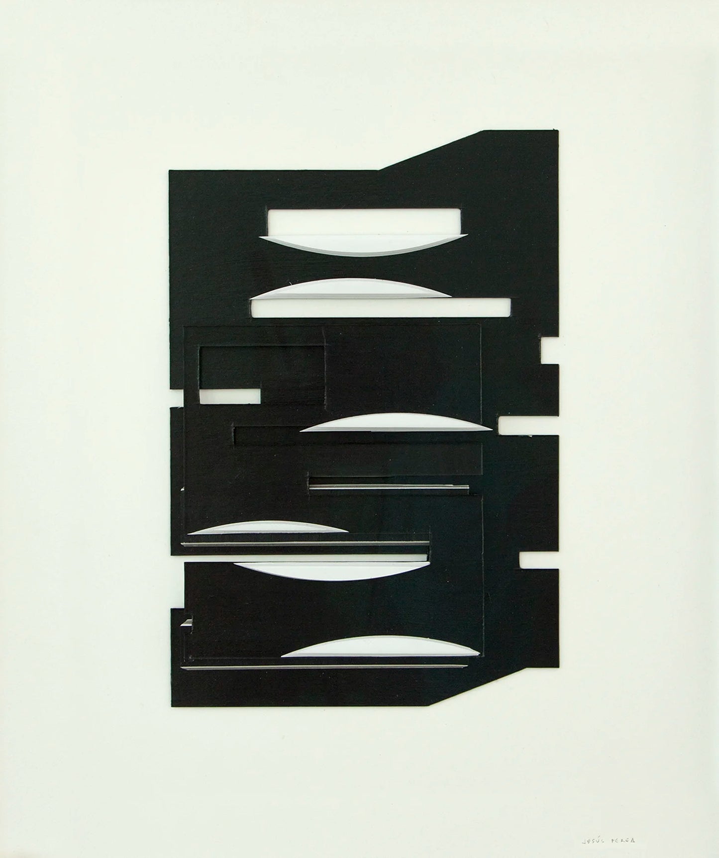 Original abstract mixed media artwork NS14 by Jesús Perea featuring a layered composition with black and white shapes on a beige background
