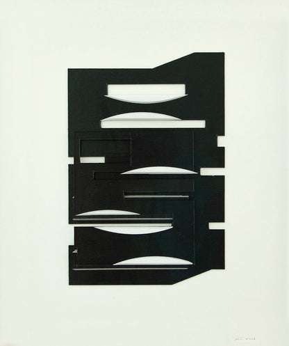 Original abstract mixed media artwork NS14 by Jesús Perea featuring a layered composition with black and white shapes on a beige background
