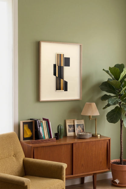 Original abstract mixed media artwork N16 by Jesús Perea hunging on a living room wall