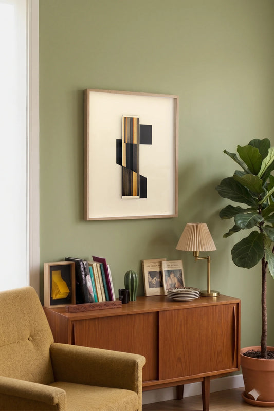 Original abstract mixed media artwork N16 by Jesús Perea hunging on a living room wall