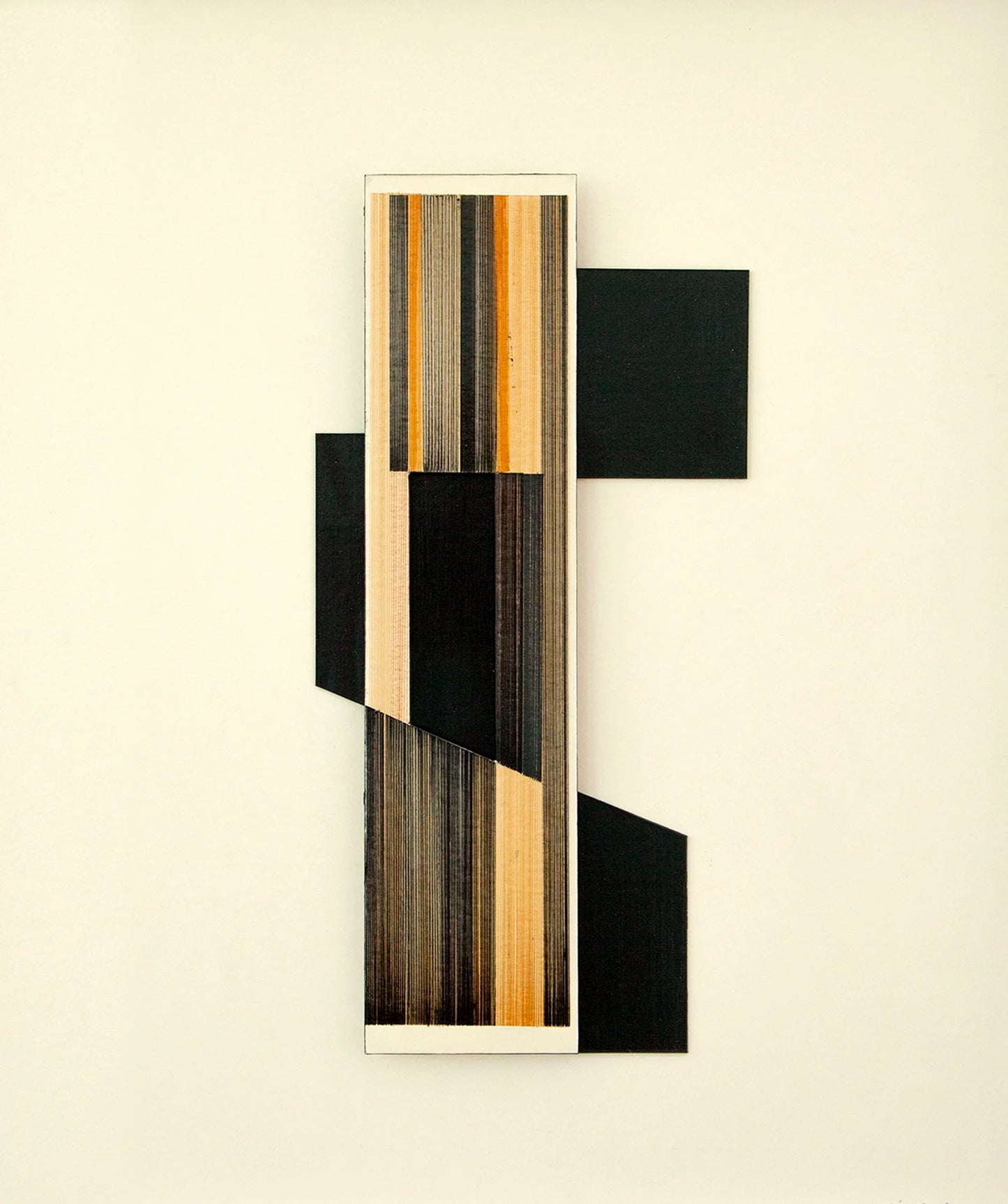 Original abstract mixed media artwork N16 by Jesús Perea featuring a a geoemtric composition in different depths with likes and black shapes on a light beige background