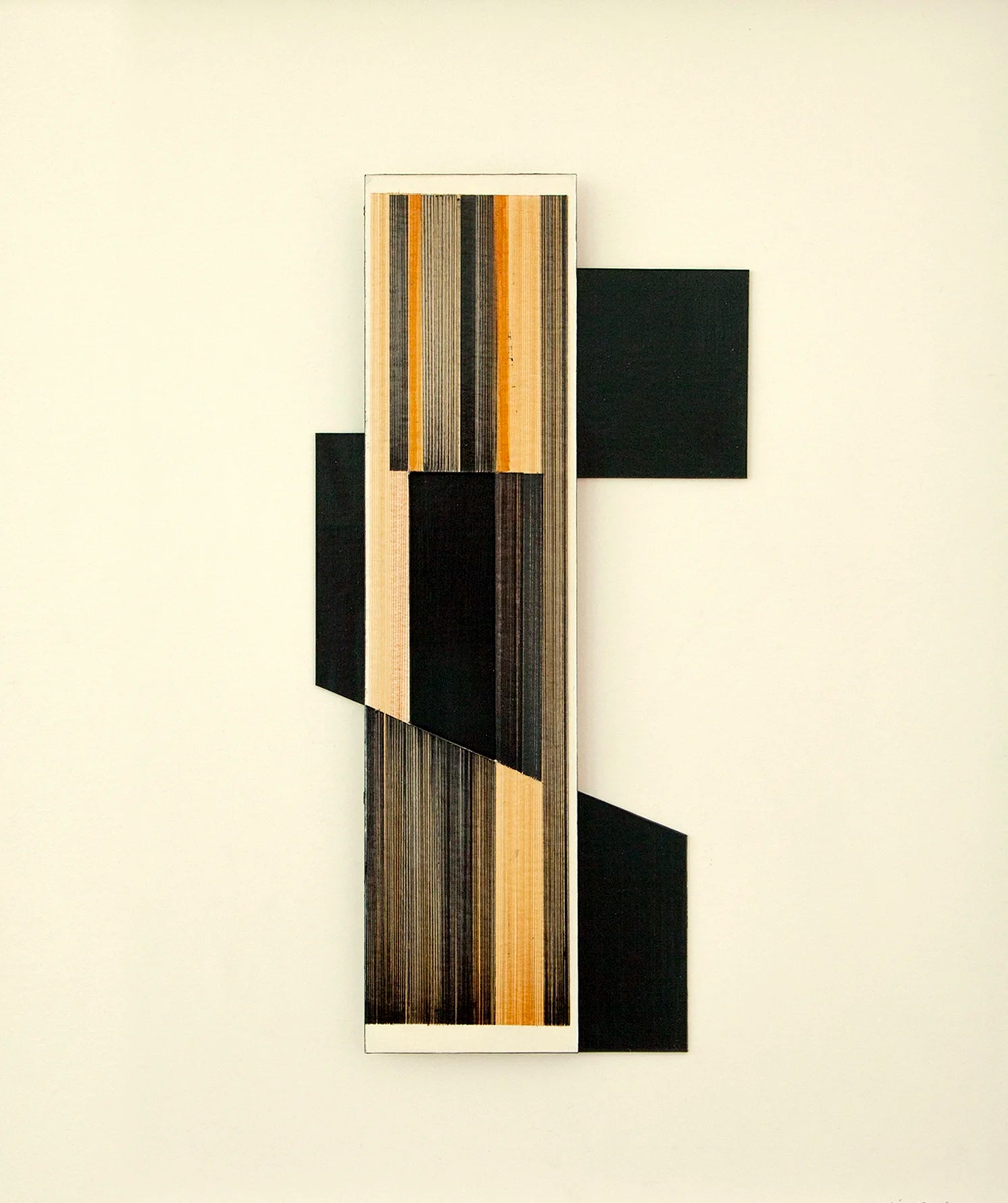 Original abstract mixed media artwork N16 by Jesús Perea featuring a a geoemtric composition in different depths with likes and black shapes on a light beige background