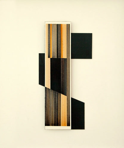 Original abstract mixed media artwork N16 by Jesús Perea featuring a a geoemtric composition in different depths with likes and black shapes on a light beige background