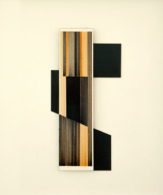 Original abstract mixed media artwork N16 by Jesús Perea featuring a a geoemtric composition in different depths with likes and black shapes on a light beige background