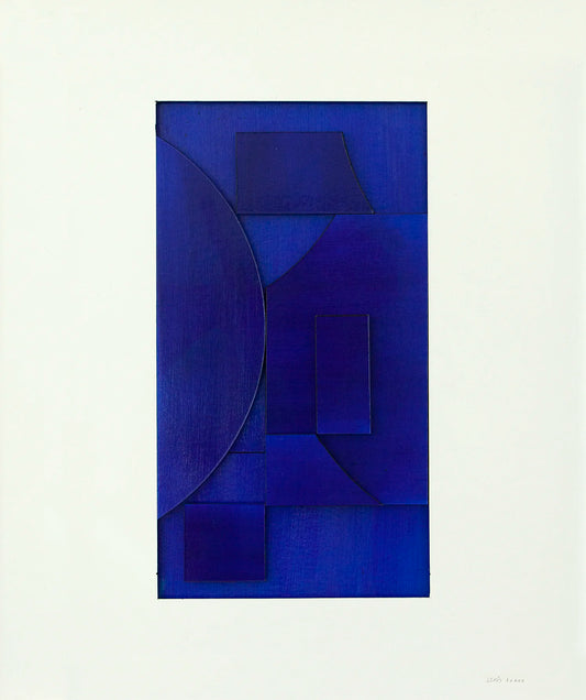 Original abstract mixed media artwork NS17 by Jesús Perea featuring layered blue shapes creating depth