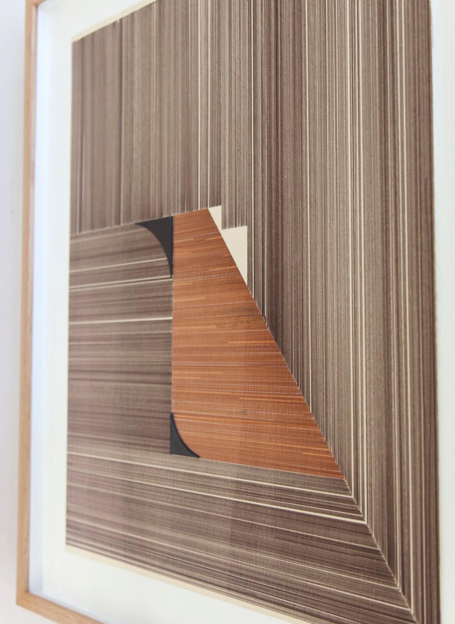 Original abstract mixed media artwork NS6 by Jesús Perea featuring a composition with brown lines combined with 2 black shapes, detail