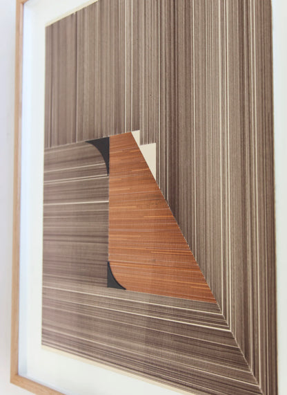 Original abstract mixed media artwork NS6 by Jesús Perea featuring a composition with brown lines combined with 2 black shapes, detail