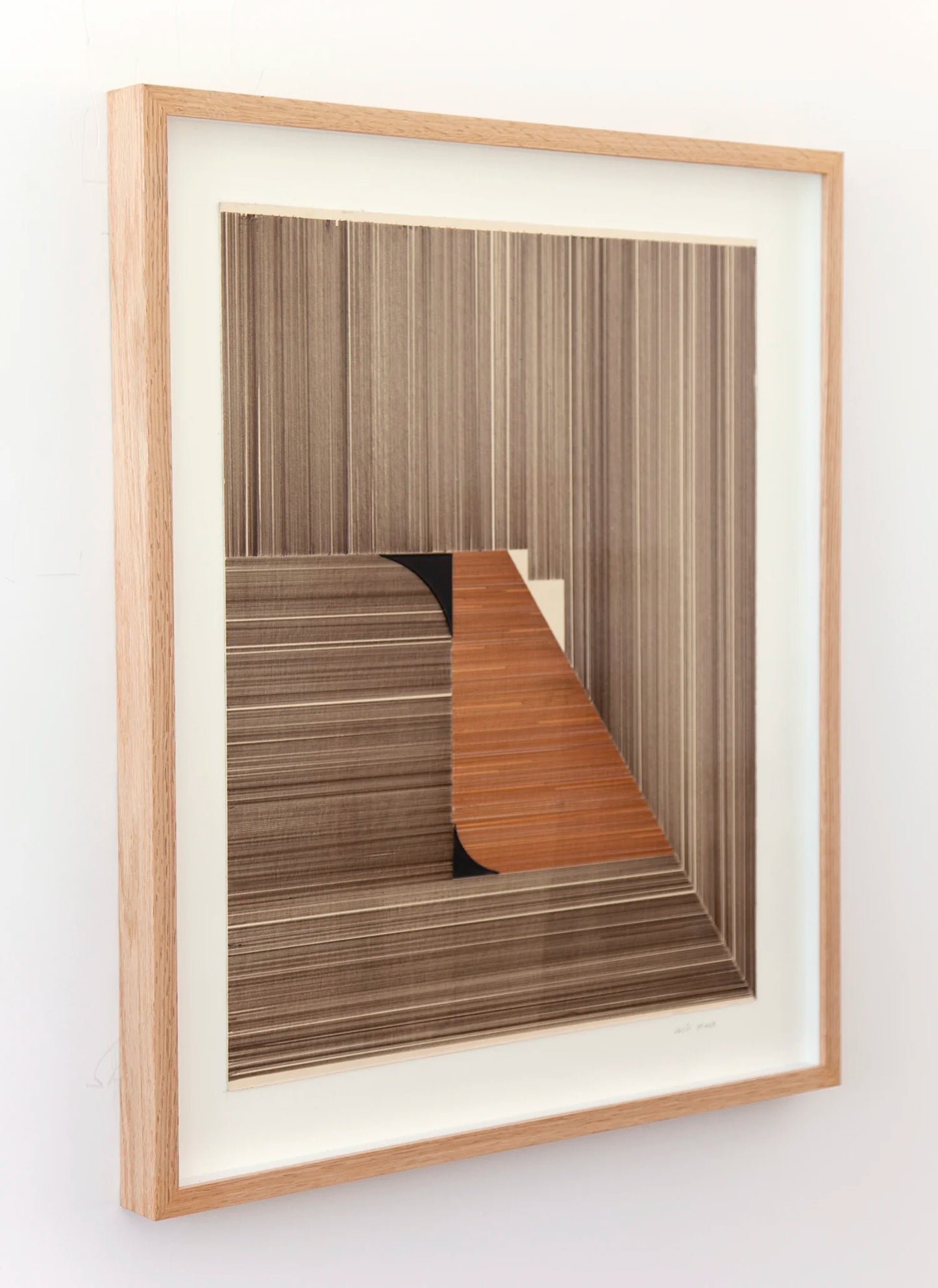 Original abstract mixed media artwork NS6 by Jesús Perea featuring a composition with brown lines combined with 2 black shapes, framed, left view