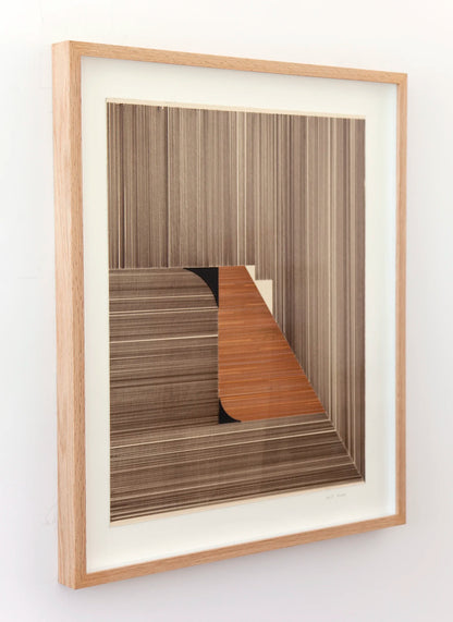 Original abstract mixed media artwork NS6 by Jesús Perea featuring a composition with brown lines combined with 2 black shapes, framed, left view