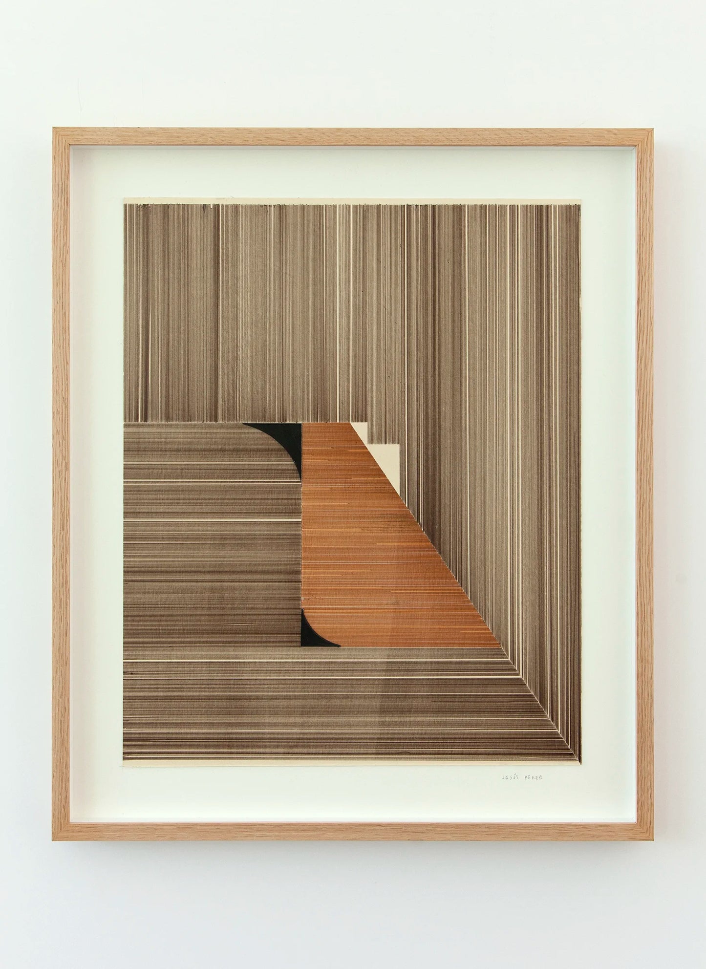 Original abstract mixed media artwork NS6 by Jesús Perea featuring a composition with brown lines combined with 2 black shapes, framed