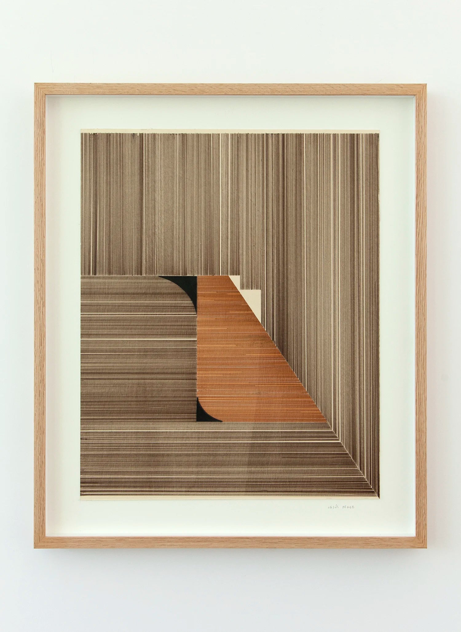 Original abstract mixed media artwork NS6 by Jesús Perea featuring a composition with brown lines combined with 2 black shapes, framed