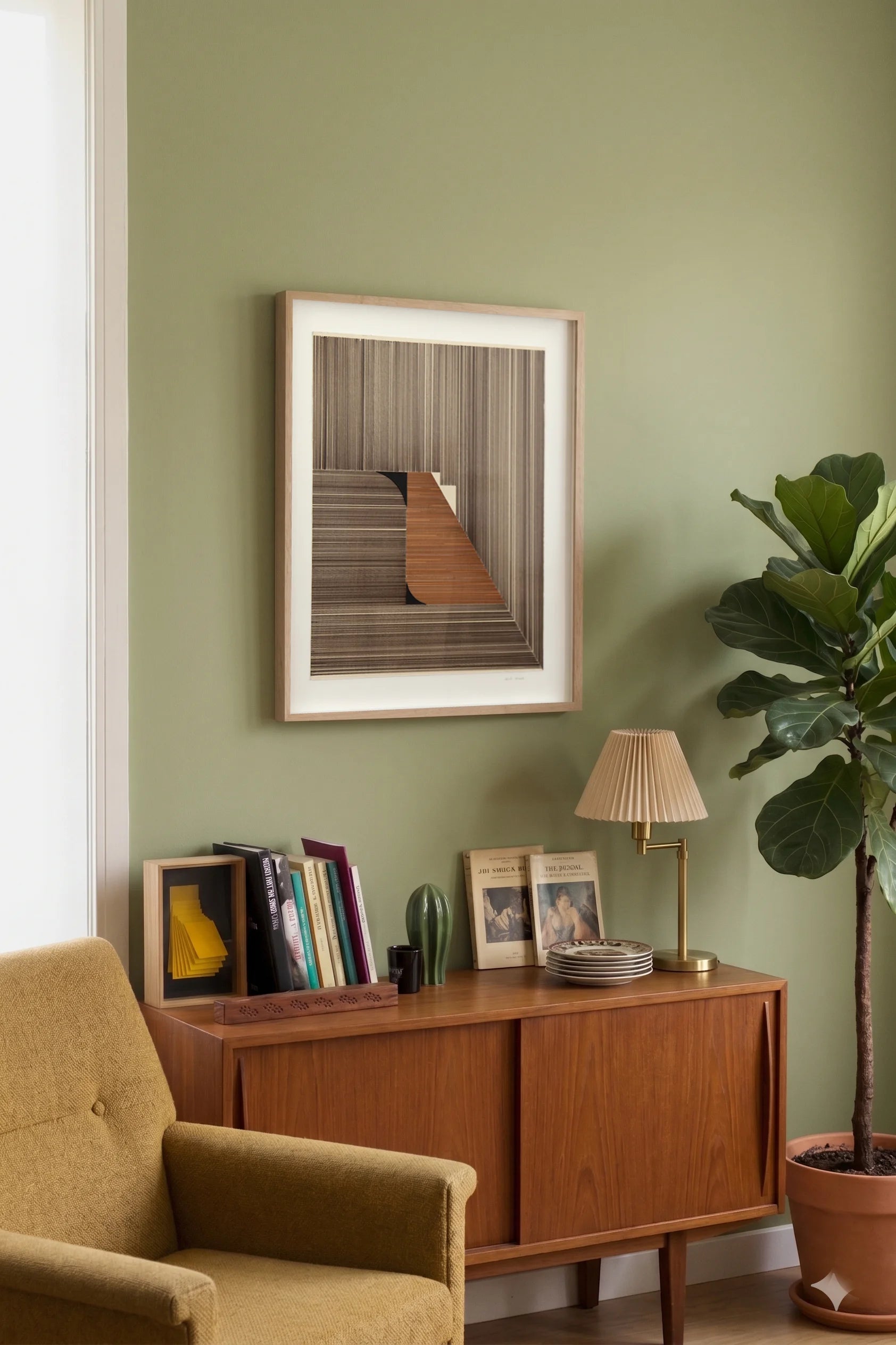 Original abstract mixed media artwork NS6 by Jesús Perea featuring a composition with brown lines combined with 2 black shapes, hunging on a living room wall