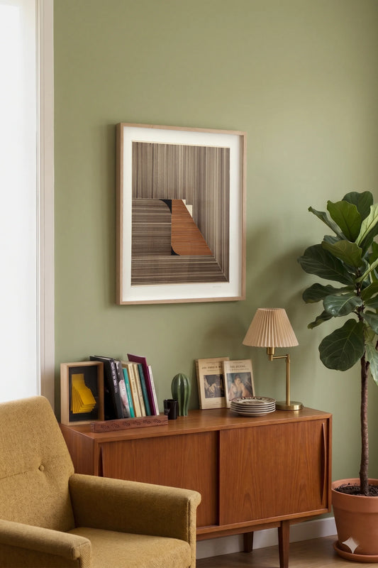 Original abstract mixed media artwork NS6 by Jesús Perea featuring a composition with brown lines combined with 2 black shapes, hunging on a living room wall
