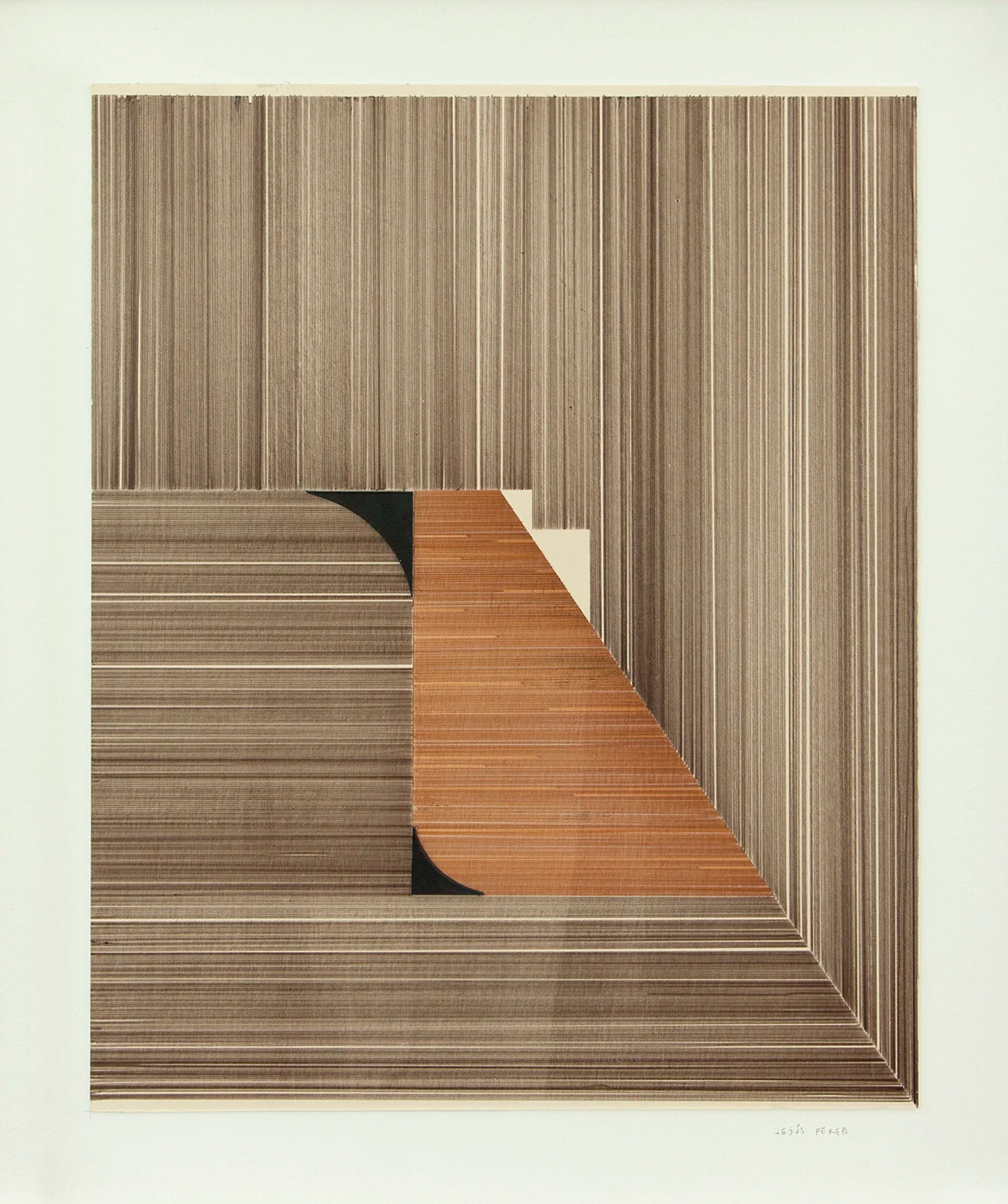 Original abstract mixed media artwork NS6 by Jesús Perea featuring a composition with brown lines combined with 2 black shapes