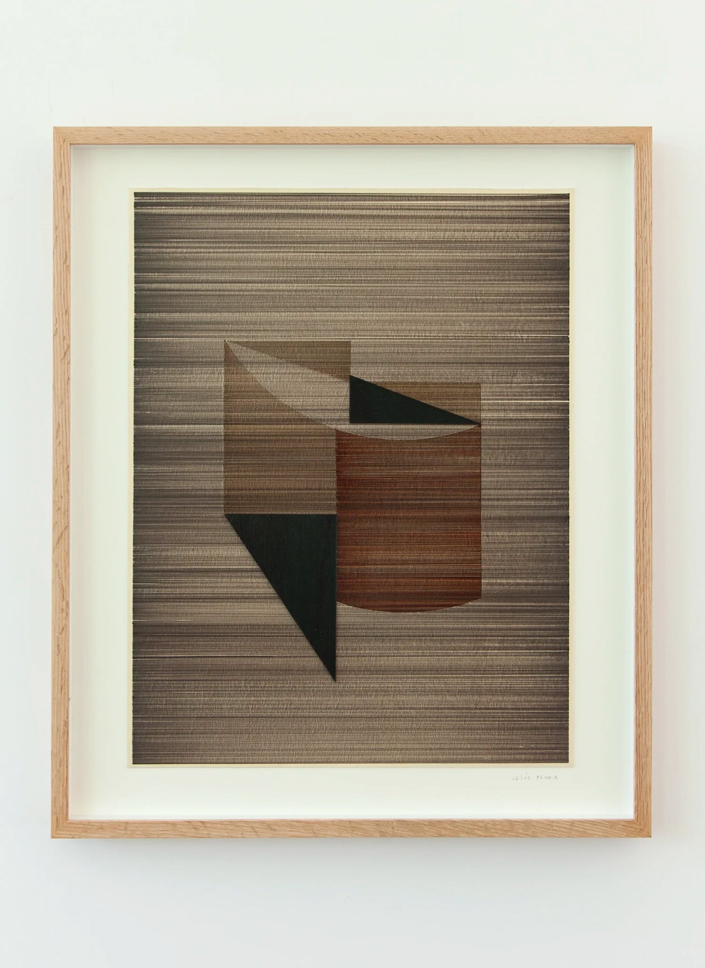 Original abstract mixed media artwork NS9 by Jesús Perea with horizontal lines in browns and black, framed