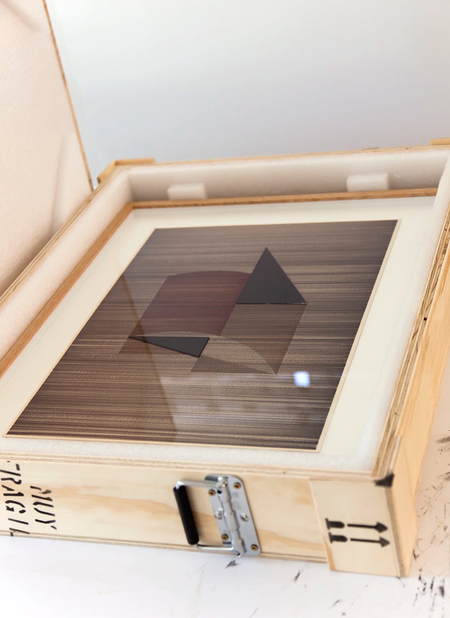 Original abstract mixed media artwork NS9 by Jesús Perea with horizontal lines in browns and black, packaged