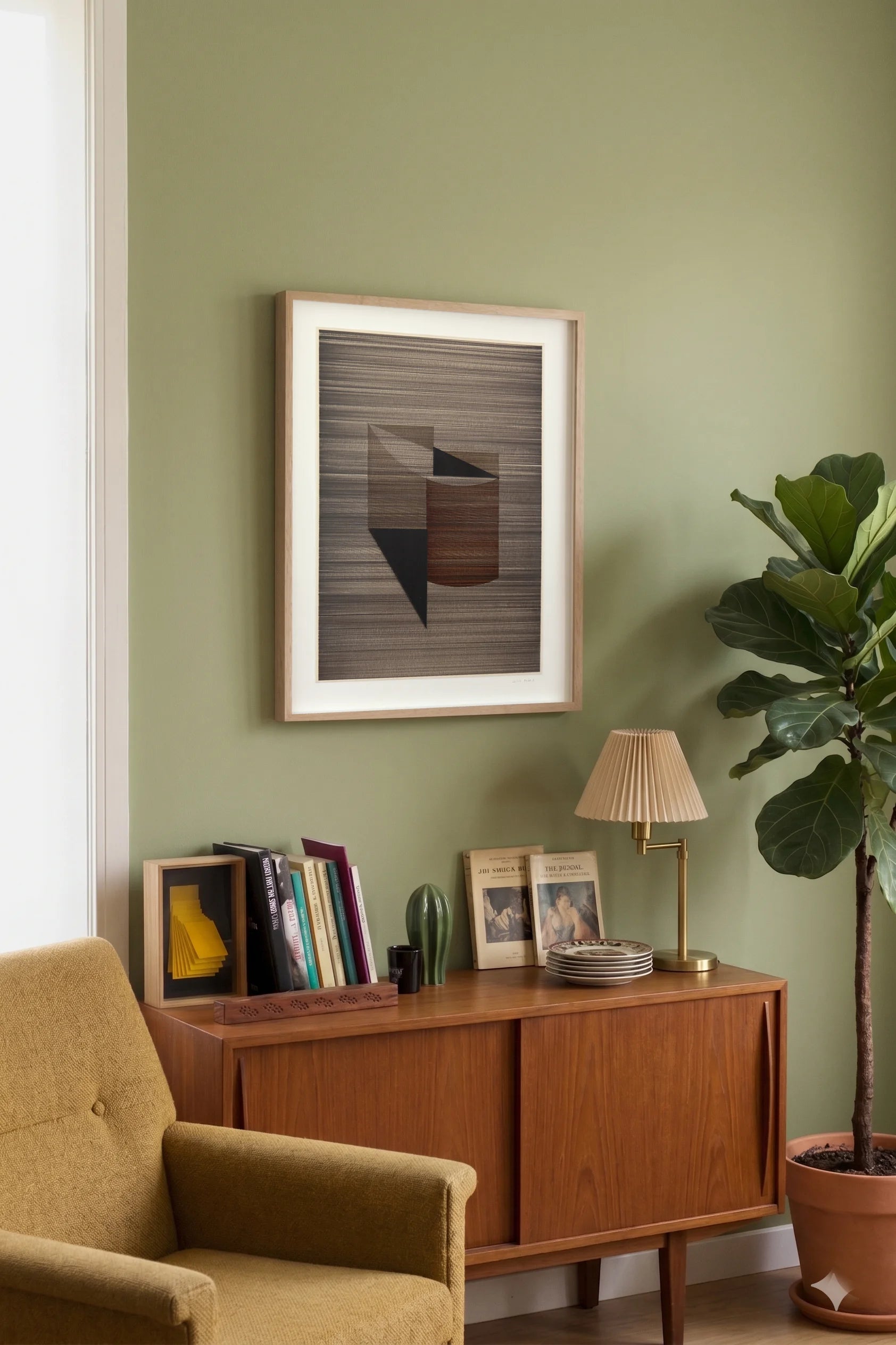 Original abstract mixed media artwork NS9 by Jesús Perea with horizontal lines in browns and black, hunging on a living room wall
