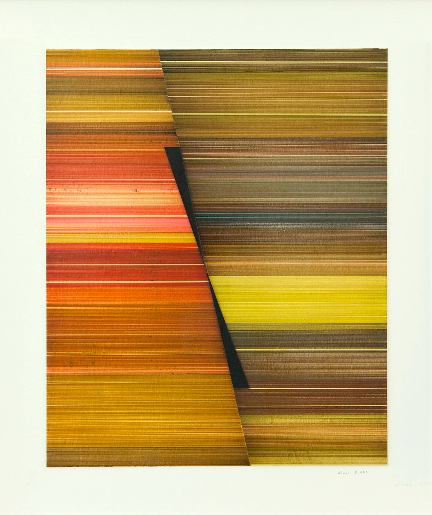 Original abstract mixed media artwork NS5 by Jesús Perea with horizontal stripes in various colors on a light beige background
