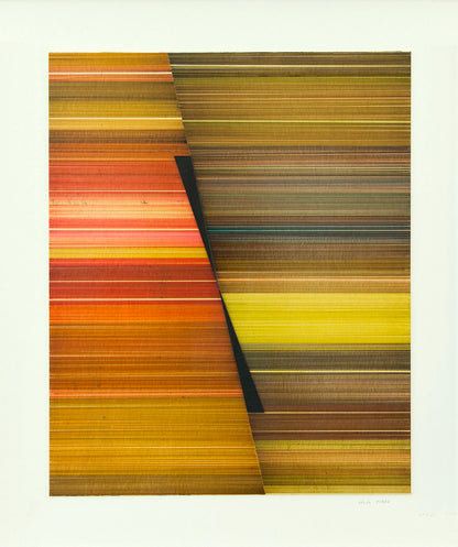 Original abstract mixed media artwork NS5 by Jesús Perea with horizontal stripes in various colors on a light beige background