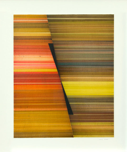 Original abstract mixed media artwork NS5 by Jesús Perea with horizontal stripes in various colors on a light beige background
