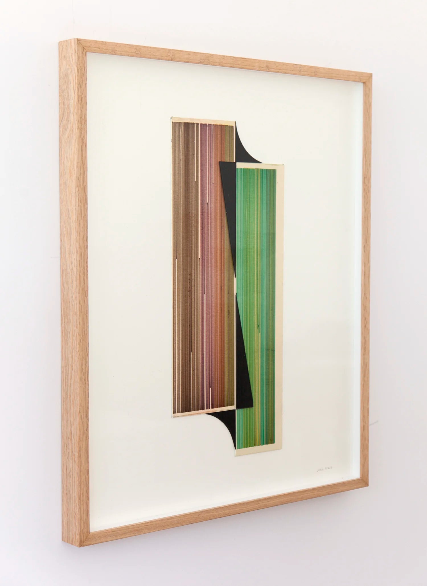 Original abstract mixed media artwork NS15 by Jesús Perea featuring a composition with colorful lines and black shapes on a light beige background, framed, left view