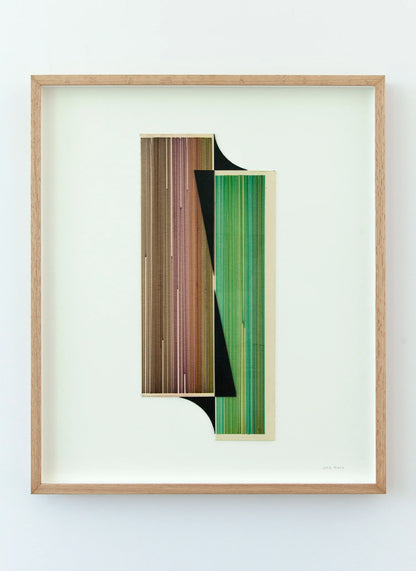 Original abstract mixed media artwork NS15 by Jesús Perea featuring a composition with colorful lines and black shapes on a light beige background, framed