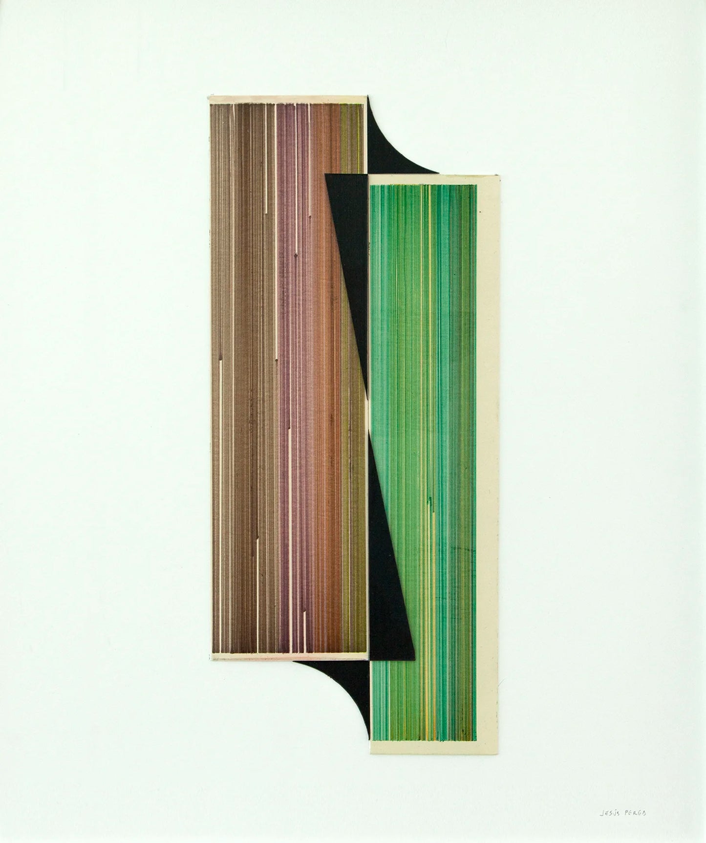 Original abstract mixed media artwork NS15 by Jesús Perea featuring a composition with colorful lines and black shapes on a light beige background
