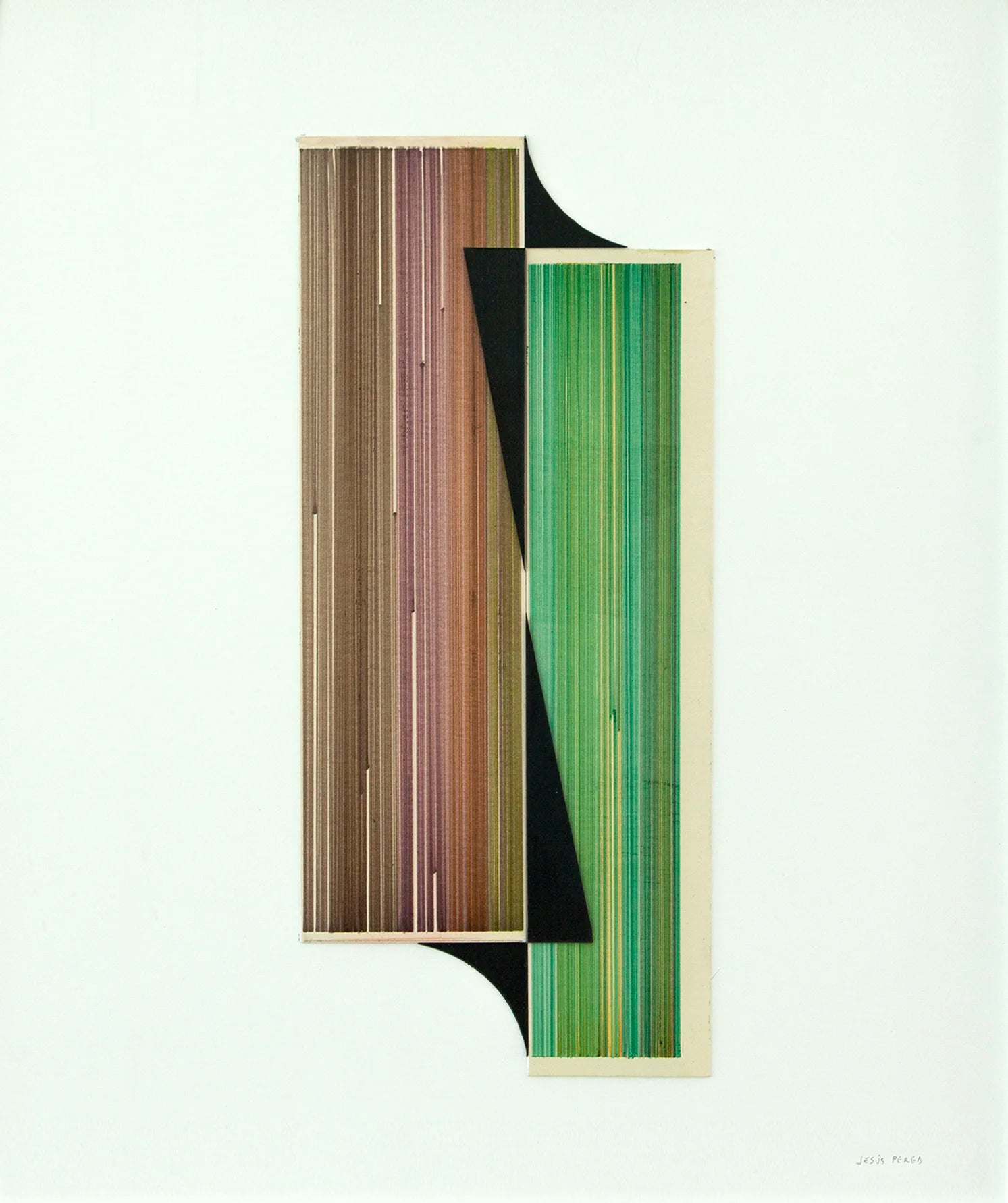 Original abstract mixed media artwork NS15 by Jesús Perea featuring a composition with colorful lines and black shapes on a light beige background