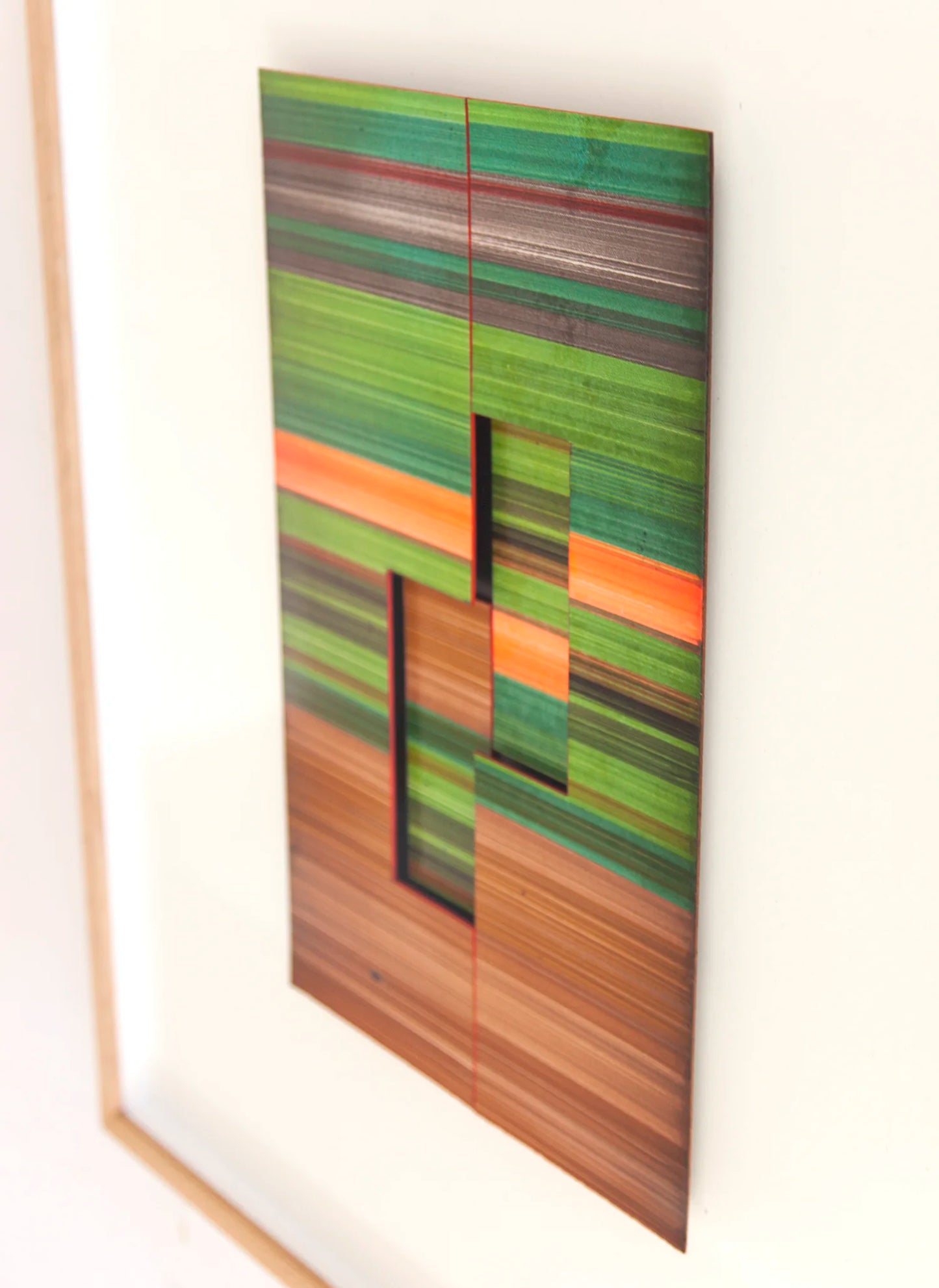 Original abstract mixed media artwork NS8 by Jesús Perea, featuring a  colorful striped composition with layered elements, detail