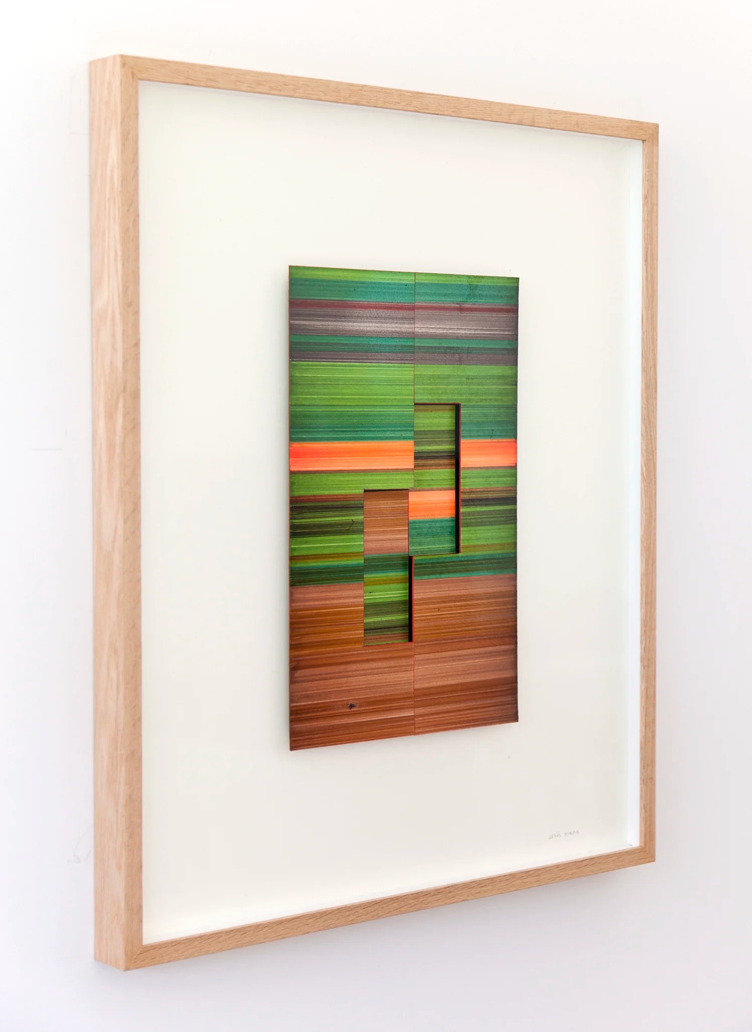 Original abstract mixed media artwork NS8 by Jesús Perea, featuring a  colorful striped composition with layered elements, framed, left view