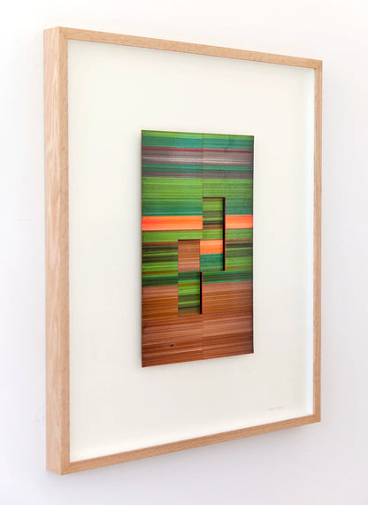 Original abstract mixed media artwork NS8 by Jesús Perea, featuring a  colorful striped composition with layered elements, framed, left view