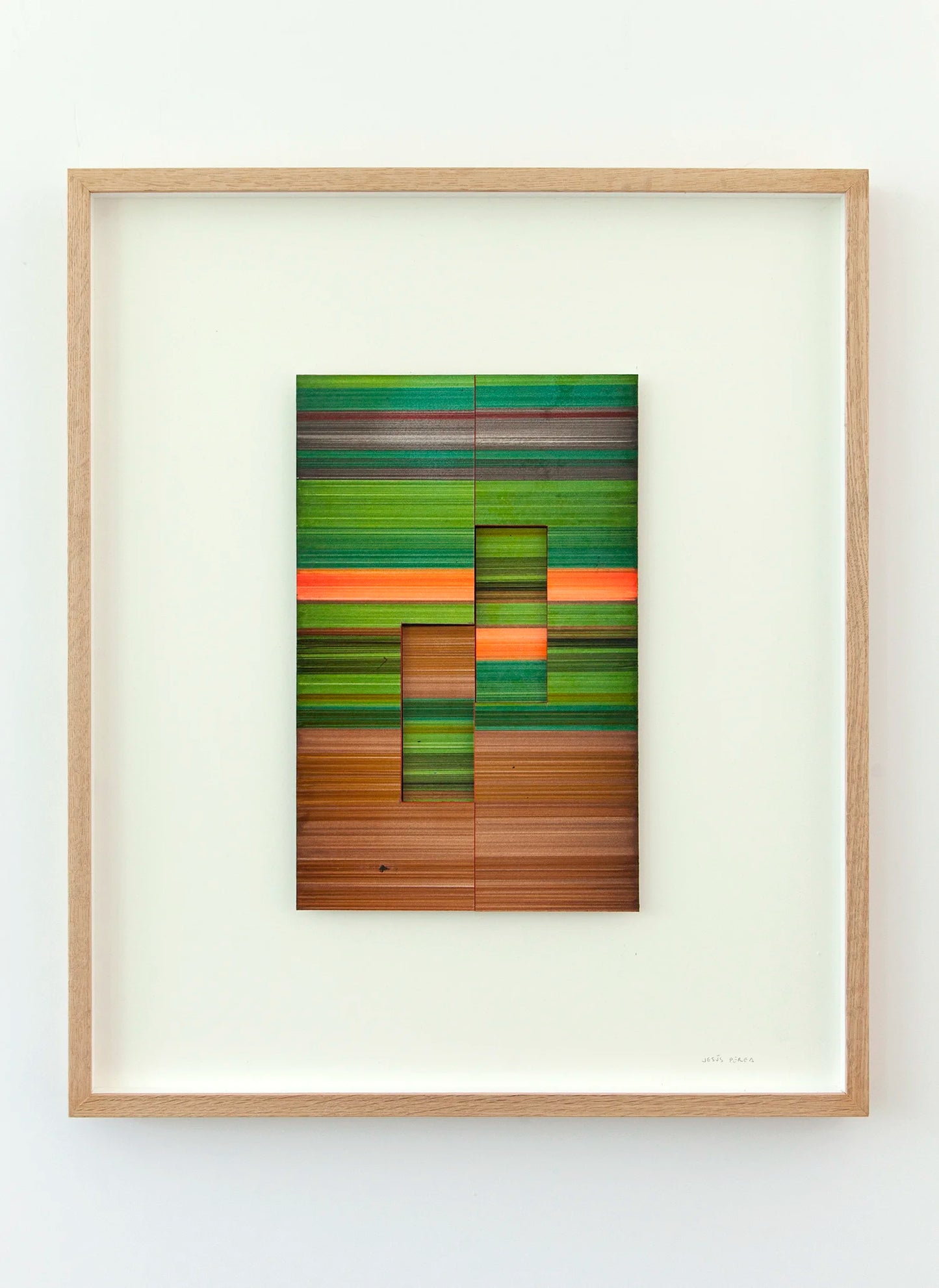 Original abstract mixed media artwork NS8 by Jesús Perea, featuring a  colorful striped composition with layered elements, framed