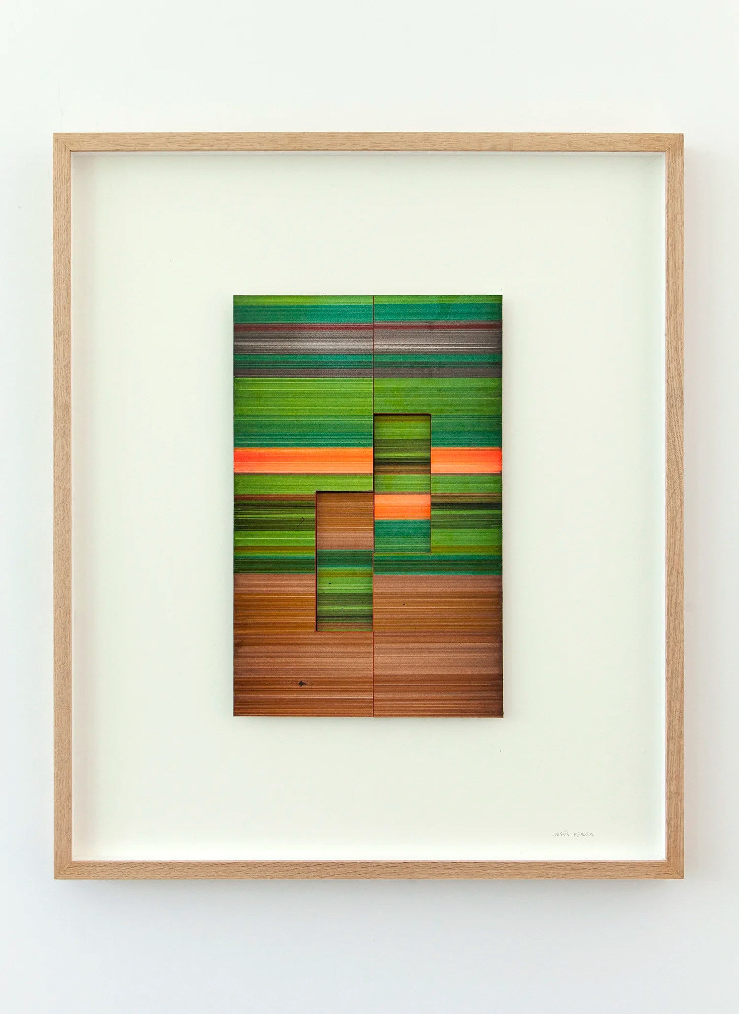 Original abstract mixed media artwork NS8 by Jesús Perea, featuring a  colorful striped composition with layered elements, framed