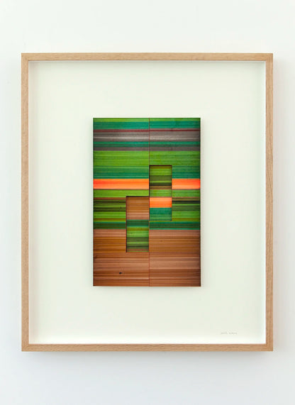 Original abstract mixed media artwork NS8 by Jesús Perea, featuring a  colorful striped composition with layered elements, framed