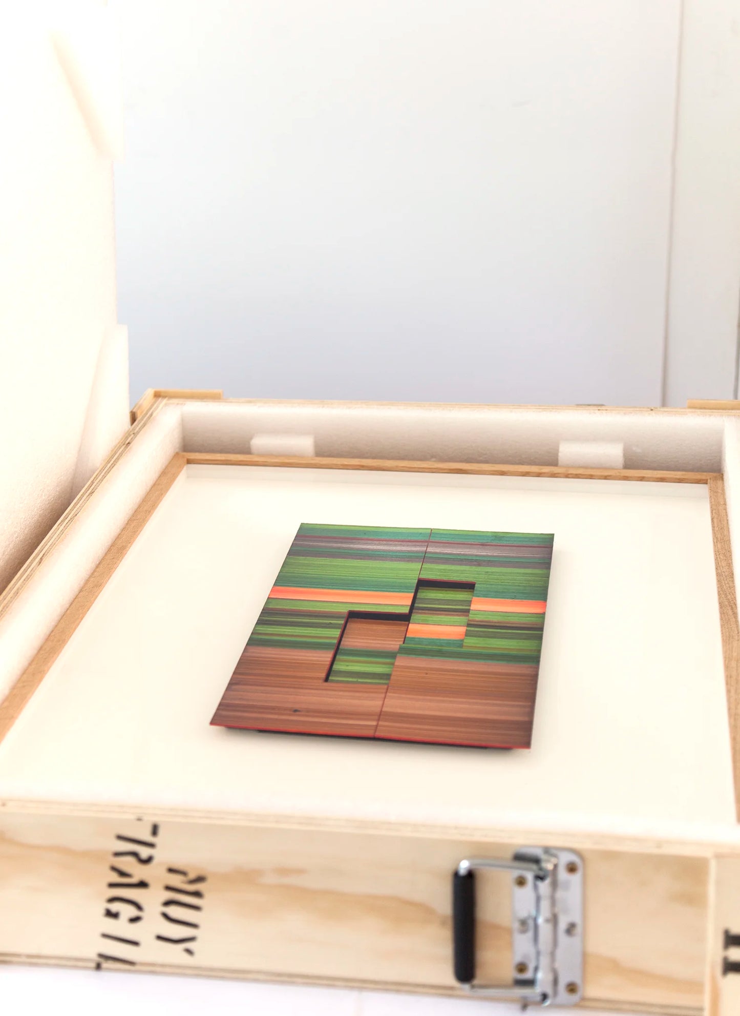 Original abstract mixed media artwork NS8 by Jesús Perea, featuring a  colorful striped composition with layered elements, packaged