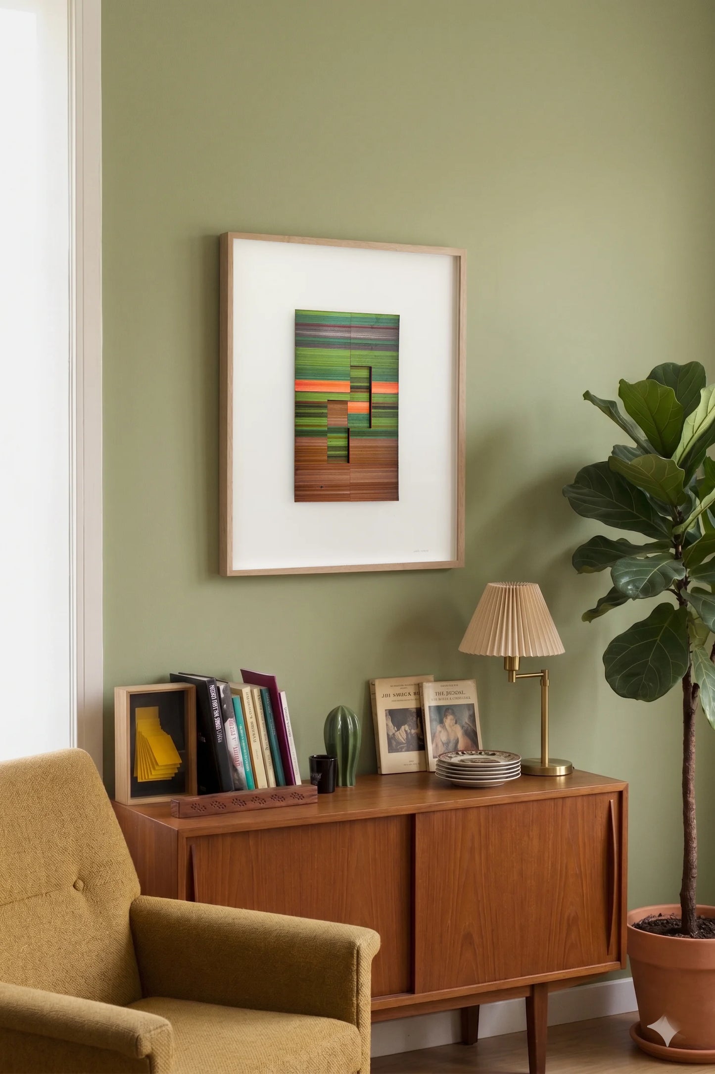 Original abstract mixed media artwork NS8 by Jesús Perea, featuring a  colorful striped composition with layered elements, hunging on a living room wall