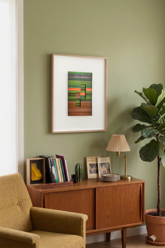 Original abstract mixed media artwork NS8 by Jesús Perea, featuring a  colorful striped composition with layered elements, hunging on a living room wall