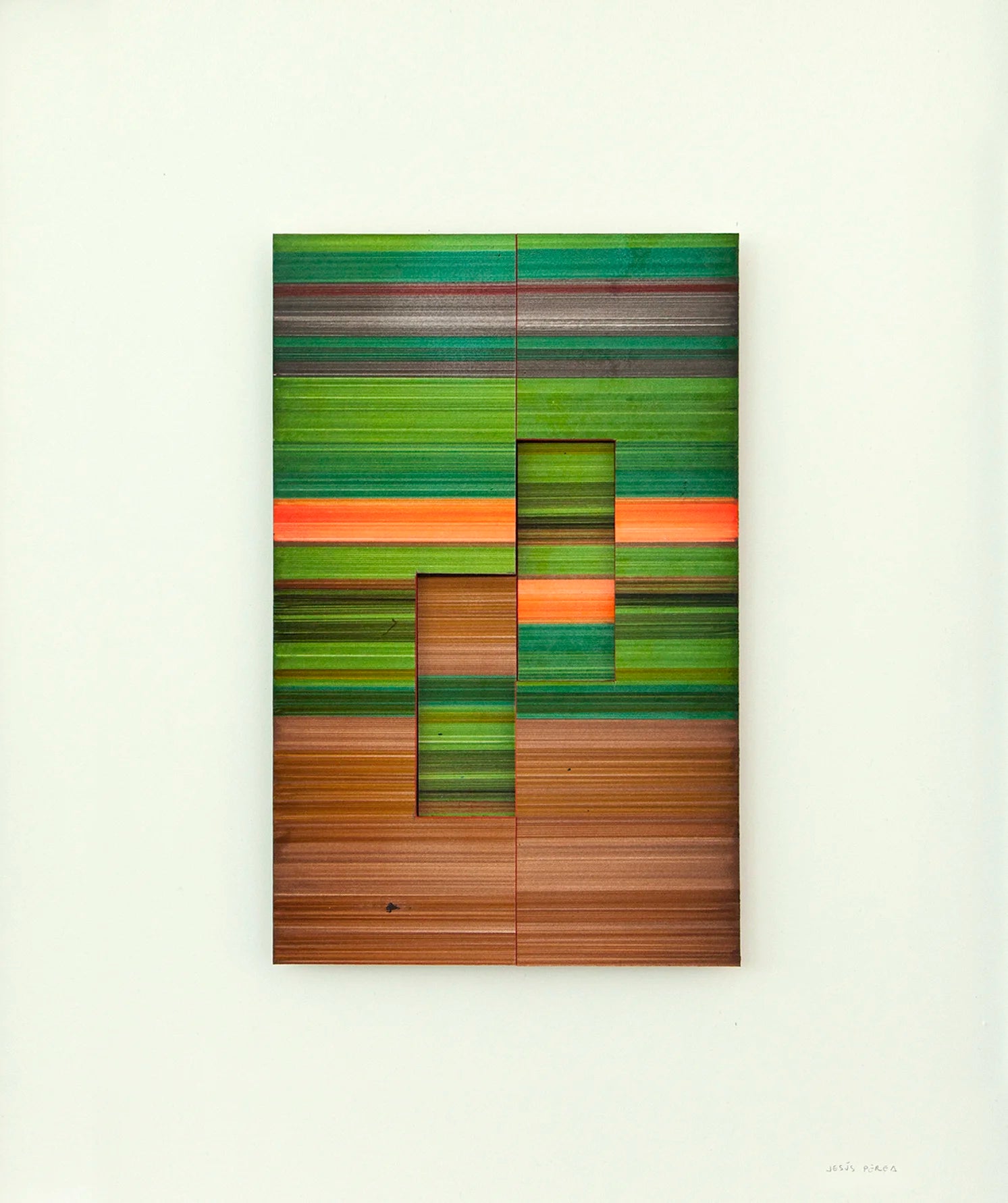 Original abstract mixed media artwork NS8 by Jesús Perea, featuring a  colorful striped composition with layered elements