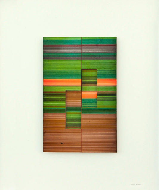 Original abstract mixed media artwork NS8 by Jesús Perea, featuring a  colorful striped composition with layered elements