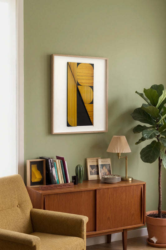 Original abstract mixed media artwork NS13 by Jesús Perea hunging on a living room wall