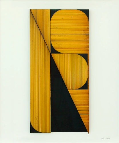 Original abstract mixed media artwork NS13 by Jesús Perea featuring a layered composition with black shapes and textured yellow on a light beige background